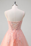 Sparkly Peach A-Line Corset Floral Tulle Long Prom Dress with Beaded