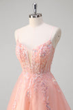 Sparkly Peach A-Line Corset Floral Tulle Long Prom Dress with Beaded