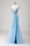 Blue Mermaid Spaghetti Straps Appliqued Long Prom Dress with Slit