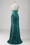 Peacock Green Mermaid Spaghetti Straps Long Prom Dress With Sequins