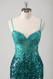 Peacock Green Mermaid Spaghetti Straps Long Prom Dress With Sequins