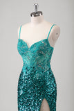 Peacock Green Mermaid Spaghetti Straps Long Prom Dress With Sequins