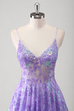 Purple A Line Spaghetti Straps Long Printed Prom Dress With Sequins