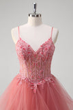 Coral A Line Spaghetti Straps Corset Tiered Long Prom Dress with Appliques