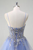 Sparkly Sequins Light Blue A Line Spaghetti Straps Long Prom Dress with Spiral Ruffles