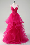 Hot Pink Appliques Corset Spaghetti Straps A Line Spiral Ruffles Prom Dress