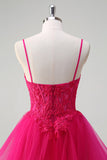 Hot Pink Appliques Corset Spaghetti Straps A Line Spiral Ruffles Prom Dress