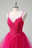 Hot Pink Appliques Corset Spaghetti Straps A Line Spiral Ruffles Prom Dress