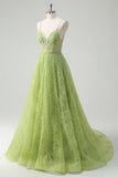 Sparkly Sequins Green Princess Spaghetti Straps Ruched Long Prom Dress