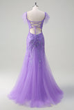 Sparkly Purple Tulle Mermaid Off the Shoulder Sequin Prom Dress with Slit