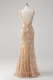 Champagne Mermaid V-Neck Sequined Long Prom Dress