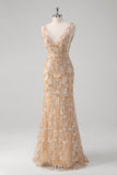 Champagne Mermaid V-Neck Sequined Long Prom Dress