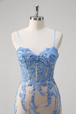 Blue Mermaid Corset Spaghetti Straps Long Prom Dress With Sequins