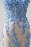 Blue Mermaid Corset Spaghetti Straps Long Prom Dress With Sequins