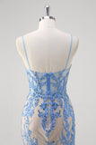 Blue Mermaid Corset Spaghetti Straps Long Prom Dress With Sequins