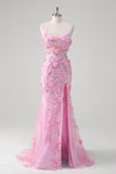 Pink Mermaid Spaghetti Straps Sequin Prom Dress With 3D Flowers