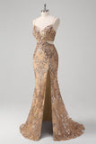 Champagne Mermaid Spaghetti Straps Sequin Hollow Out Prom Dress