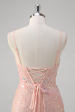 Blush Mermaid Spaghetti Straps Corset Sequined Long Prom Dress