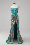 Peacock Green Mermaid Spaghetti Straps Corset Sequined Prom Dress