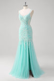 Sparkly Mint Mermaid Lace Long Prom Dress with Slit