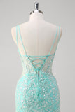 Sparkly Mint Mermaid Lace Long Prom Dress with Slit