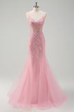 Sparkly Pink Mermaid Spaghetti Straps Sequins Long Corset Prom Dress