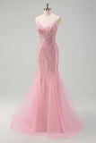 Sparkly Pink Mermaid Spaghetti Straps Sequins Long Corset Prom Dress