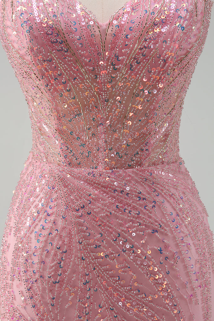 Zapaka Women Sparkly Pink Mermaid Sequins Prom Dress Long Corset