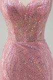 Sparkly Pink Mermaid Spaghetti Straps Sequins Long Corset Prom Dress