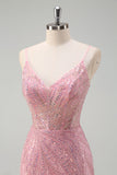 Sparkly Pink Mermaid Spaghetti Straps Sequins Long Corset Prom Dress