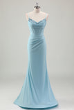 Blue Mermaid Spaghetti Straps Satin Long Corset Prom Dress with Beading