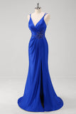 Sparkly Royal Blue Mermaid Spaghetti Straps Long Prom Dress With Slit