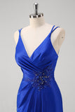 Sparkly Royal Blue Mermaid Spaghetti Straps Long Prom Dress With Slit