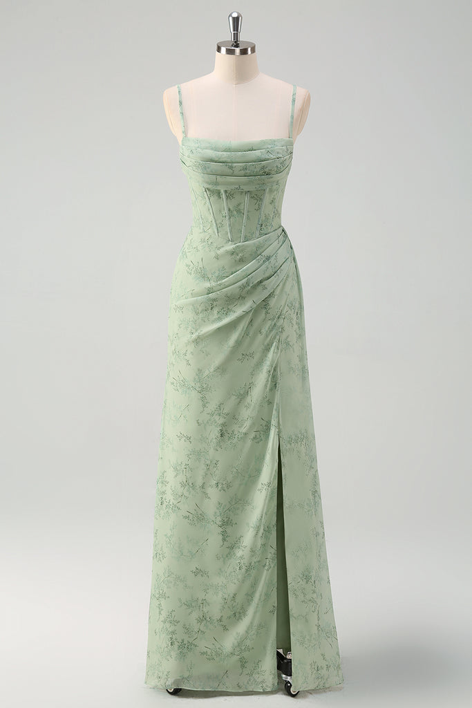Elegant Dusty Sage Spaghetti Straps Mermaid Prom Dress With Slit main image 1