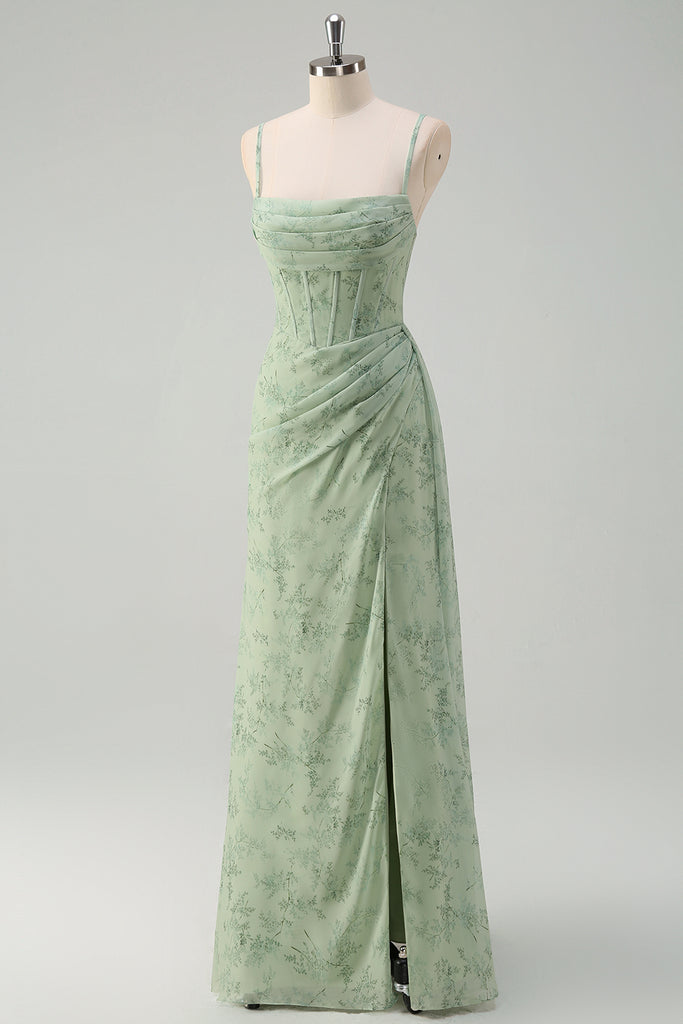 Dusty Sage Spaghetti Straps Ruched A Line Prom Dress with Slit main image 0