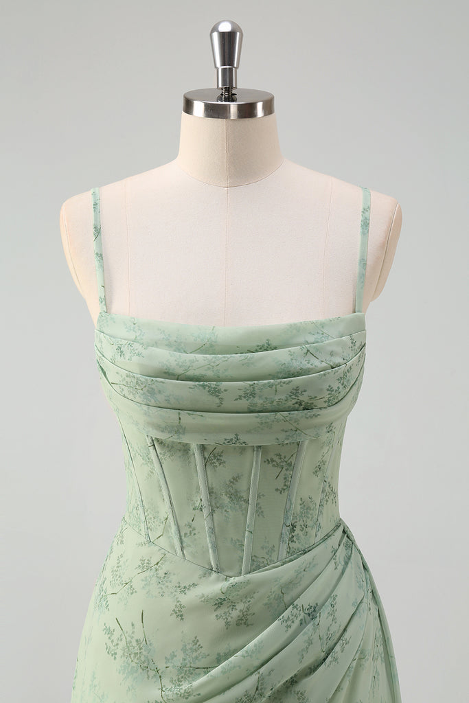 Pleated Spaghetti Straps Zipper Slimming Dress With Slit Dusty Sage main image 1