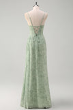 Dusty Sage Mermaid Corset Ruched Chiffon Long Floral Dress with Slit