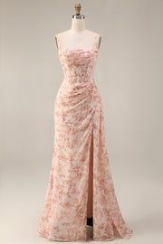 Pink Mermaid Corset Ruched Chiffon Long Floral Bridesmaid Dress with Slit