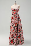 Pink Red Flower Sheath Spaghetti Straps Corset Ruched Long Prom Dress with Slit