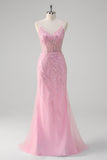 Pink Mermaid Spaghetti Straps Sequin Corset Long Prom Dress