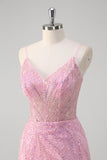 Pink Mermaid Spaghetti Straps Sequin Corset Long Prom Dress