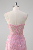 Pink Mermaid Spaghetti Straps Sequin Corset Long Prom Dress