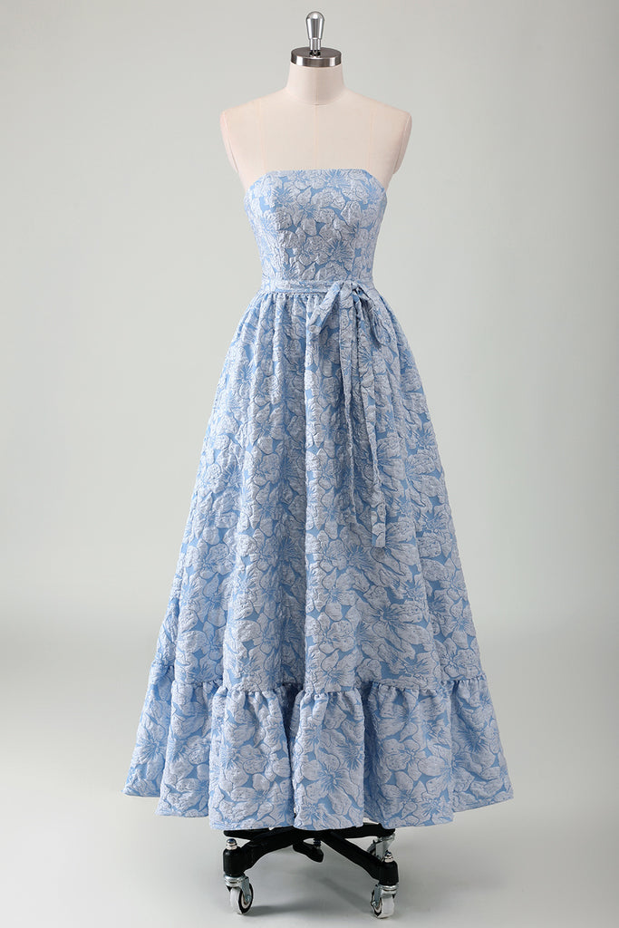 Blue - Strapless A-Line Floral Chiffon Ruffled Long Prom Dresses With Beading