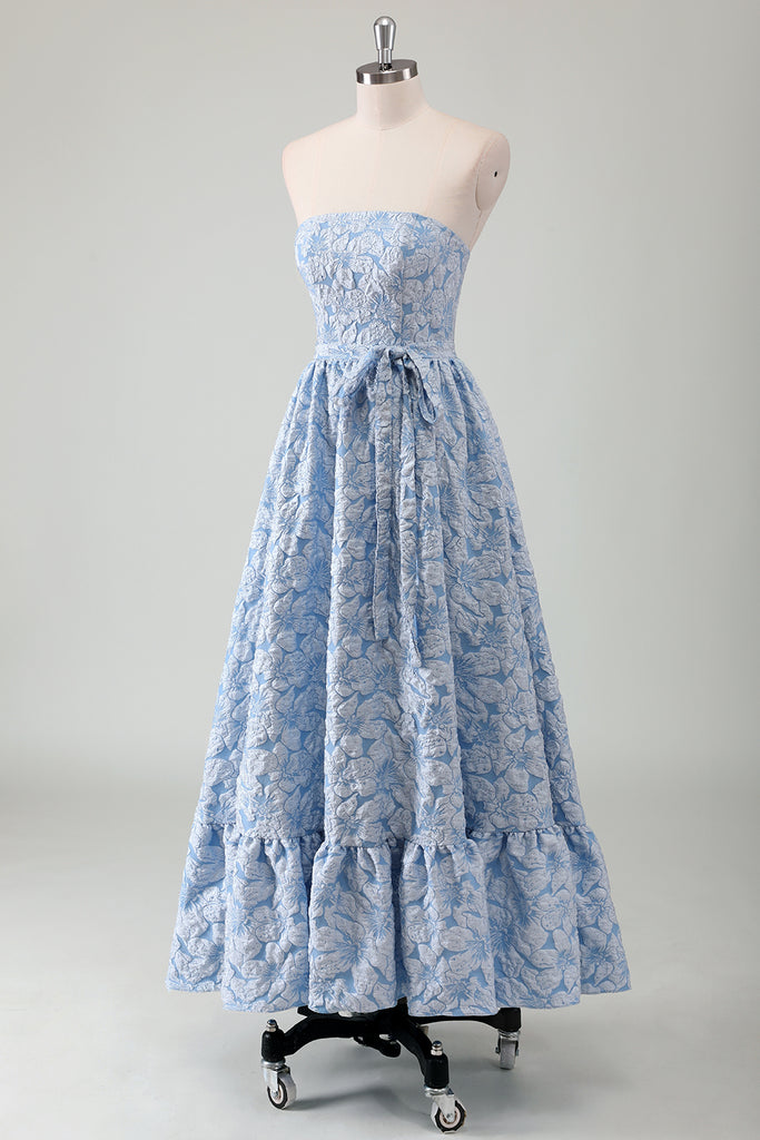 ZAPAKA Women Blue Long Prom Dress Strapless A Line Party Dress With ...