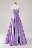 Purple A Line Spaghetti Straps Floral Long Prom Dress with Slit