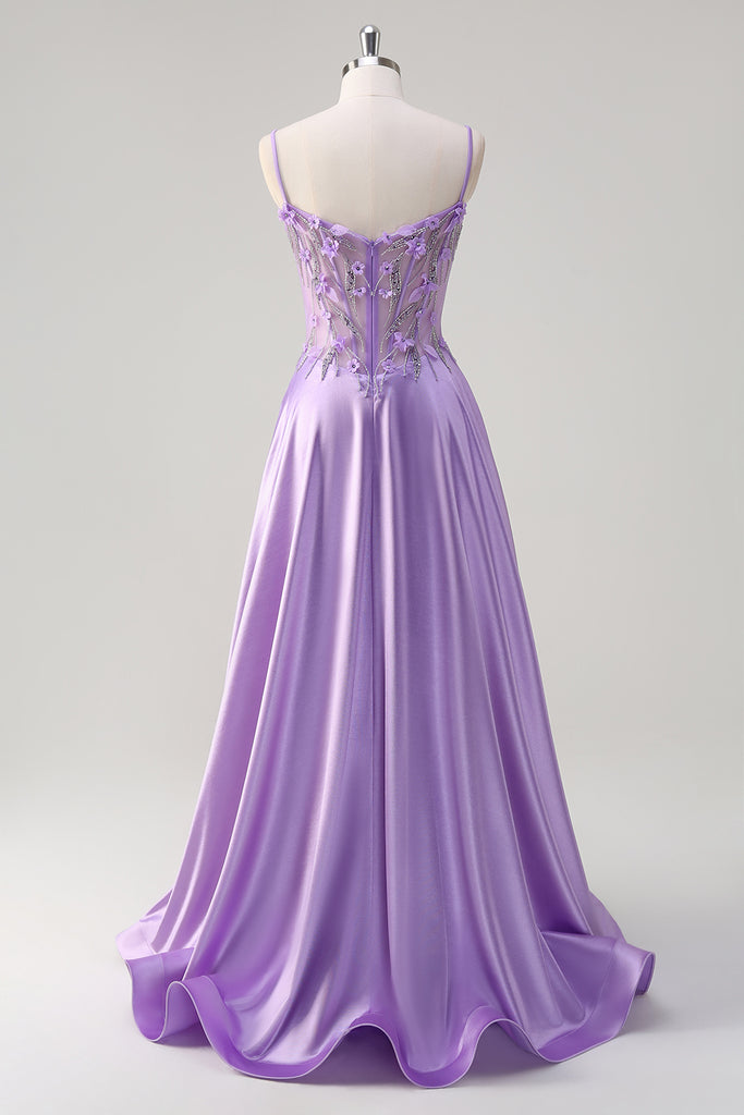 A Line Spaghetti Straps Purple Long Prom Dress with 3D Flowers main image 1