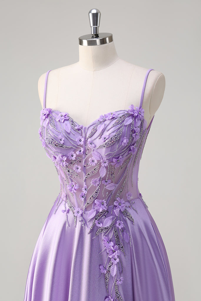 Unique Spaghetti Straps Purple Satin Print Floral Long Party Dress Birthday Dress SP1715