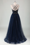 Sparkly Navy Spaghetti Straps A Line Long Prom Dress with Sequins