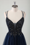 Sparkly Navy Spaghetti Straps A Line Long Prom Dress with Sequins