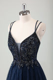 Sparkly Navy Spaghetti Straps A Line Long Prom Dress with Sequins